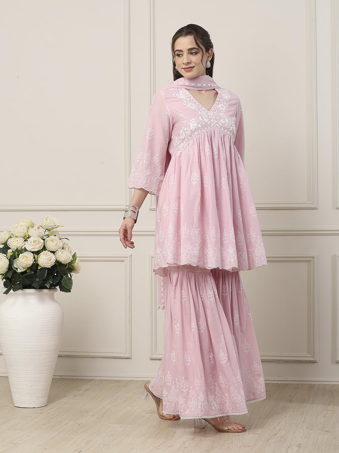 Biba Women Pink Cotton Gathered Suit Set_36