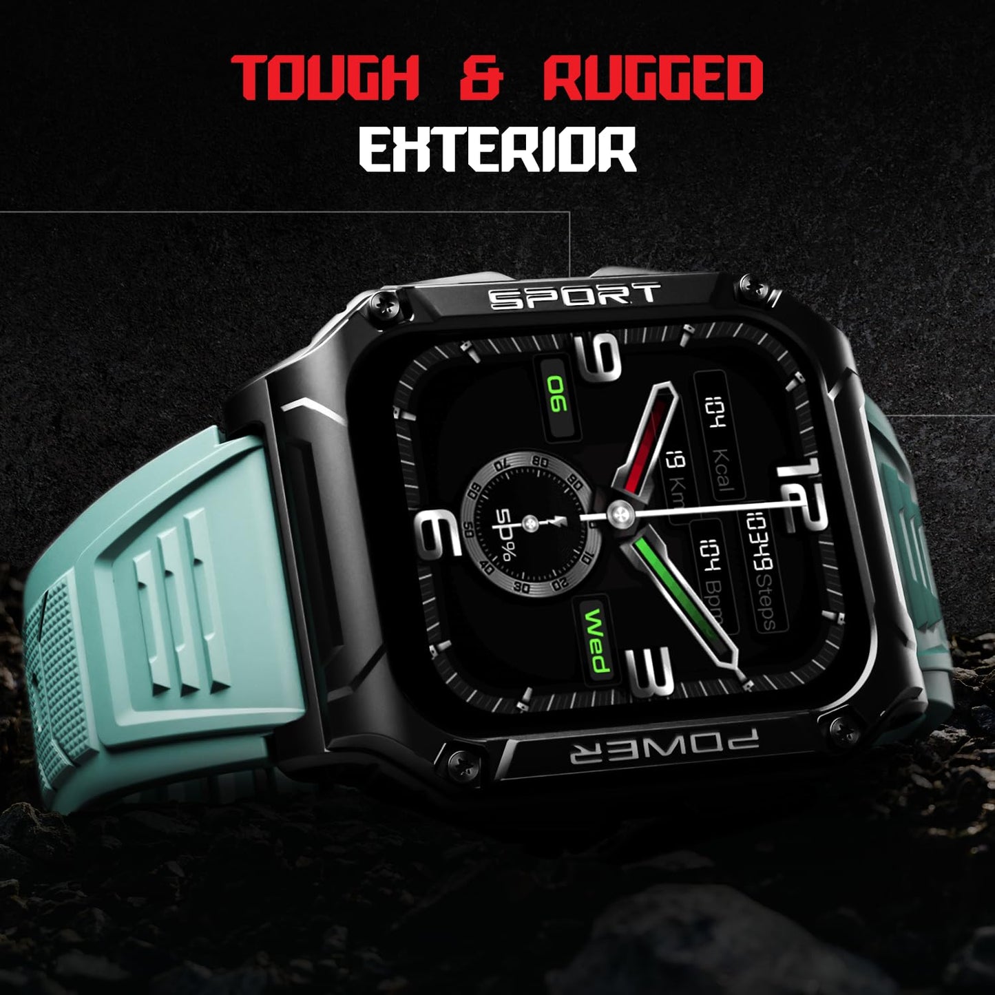 boAt Wave Armour 2 Smart Watch with 1.96" HD Display,BT Calling, Coins, Rugged Design,100+Watch Faces,Compass Feature,Big Box Speakers, HR&SPO2 and Stress Monitoring,IP68(Teal Green)