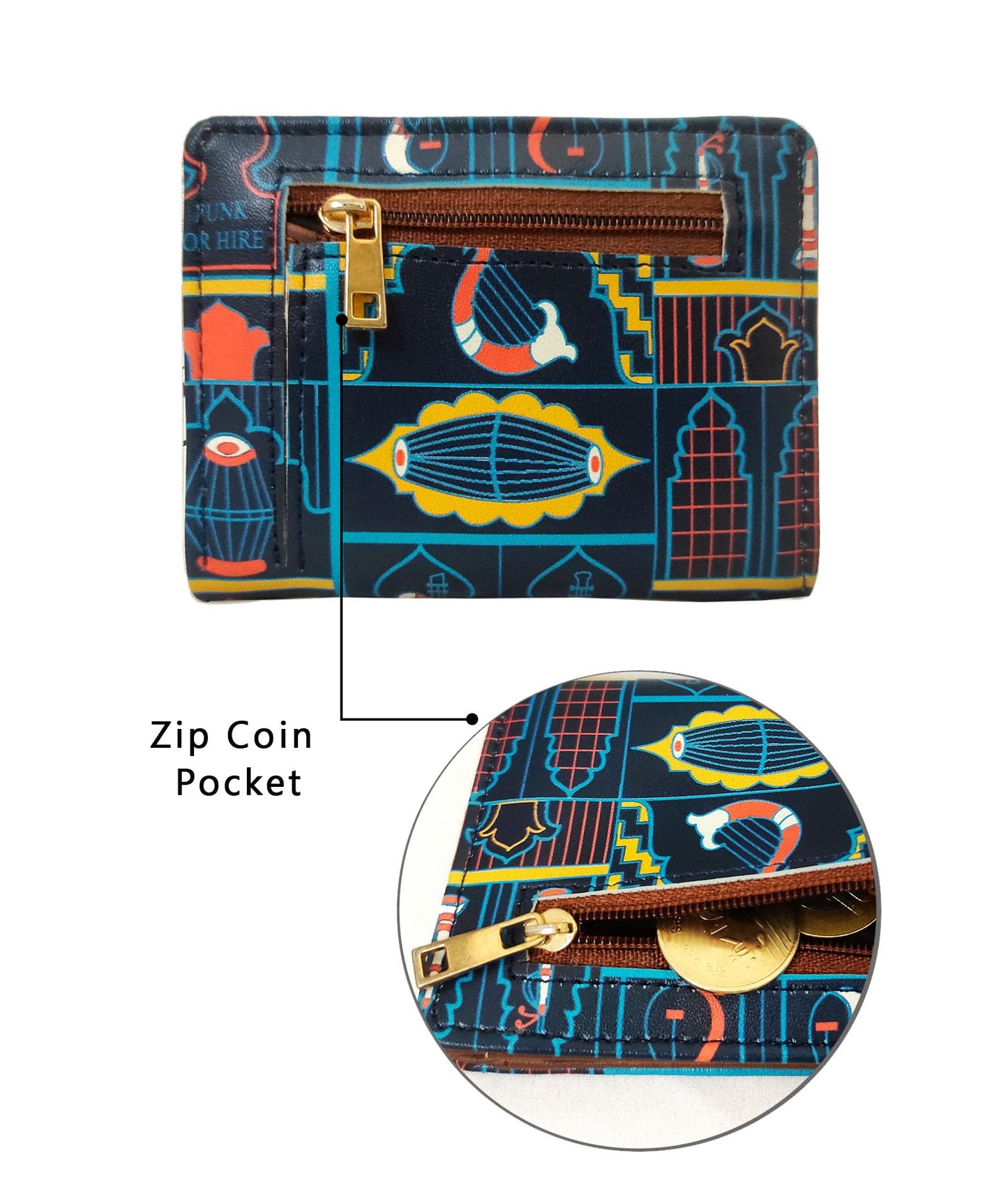 Funk For Hire Unisex Vegan Leather Small Card Wallet Navy Blue Printed Mini Bifold with Coin Zipper Pocket Compact Slim Wallet for Cash & Cards
