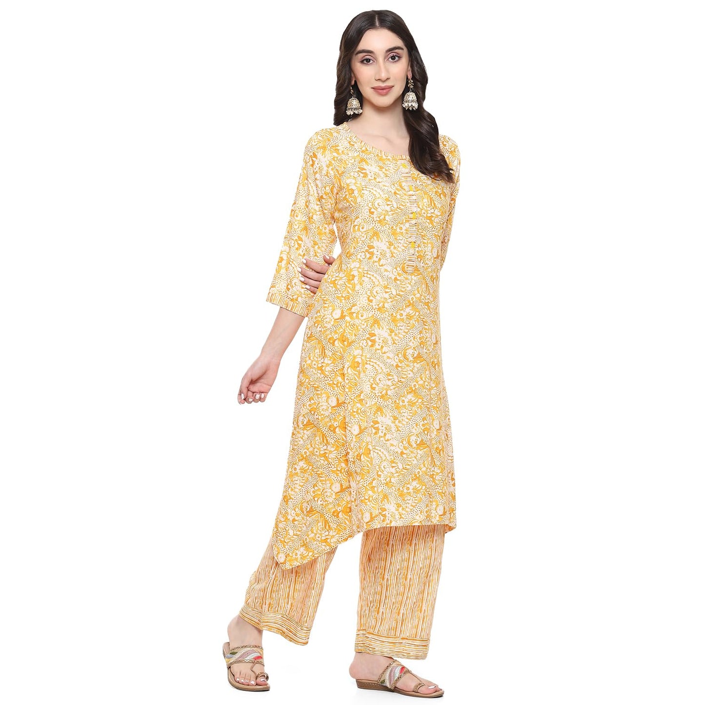 BIBA Women's Rayon Printed Straight Kurta Salwar Kurta Dupatta (Skd9677_Yellow_34)