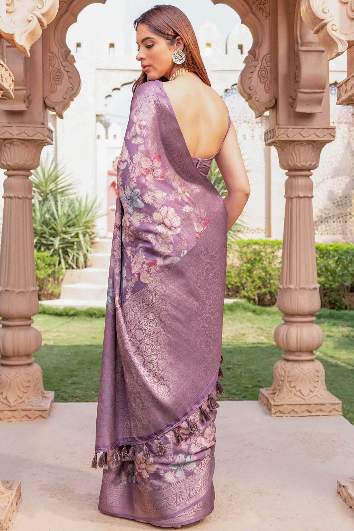 Soch Womens Lavender Tussar Floral Print Saree With Zari Woven