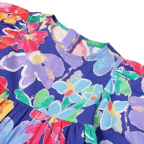 United Colors of Benetton Regular Fit Round Neck Floral Print Slub Tiered Dress Multicolour