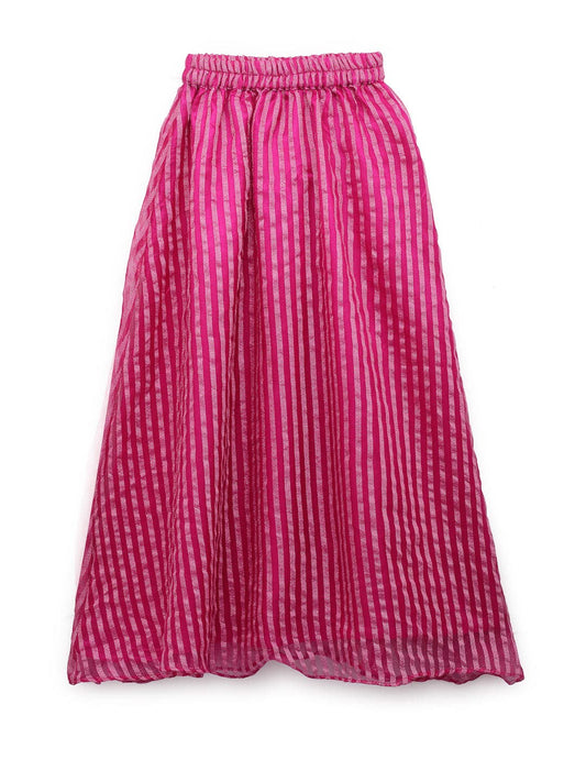 studio rasa Kids Girls Organza Woven Striped Skirt for Wedding Festive Party (GSC12206/3-4_Pink_3-4Y)