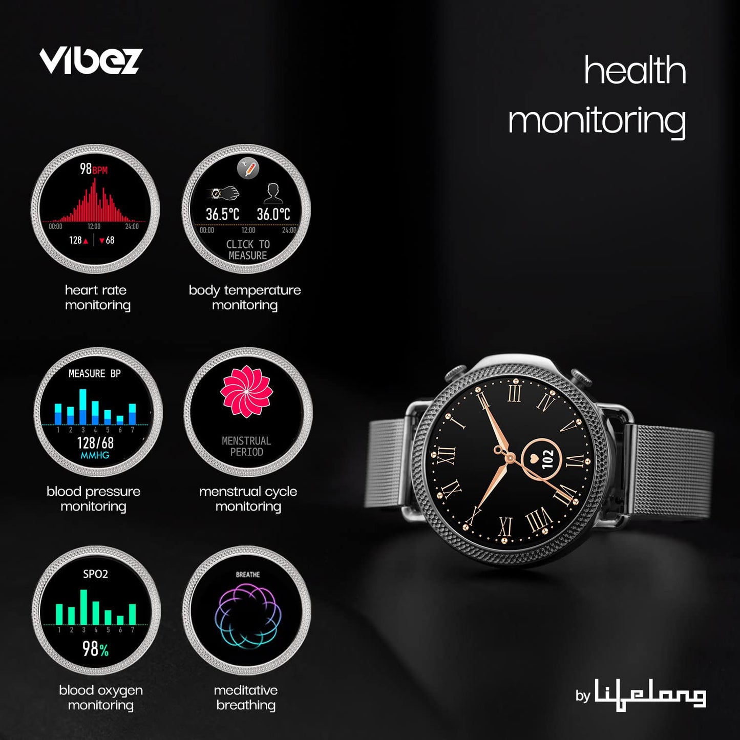 Vibez by Lifelong Ornate Smartwatch For Women with HD Display|Body Temprature |24x7 Heart Rate & SpO2 Tracking|8 Sports Mode|Sleep Monitor|IP67|7 days Battery Backup (VBSWW45, 1 Year Manufacturer Warranty, Silver)