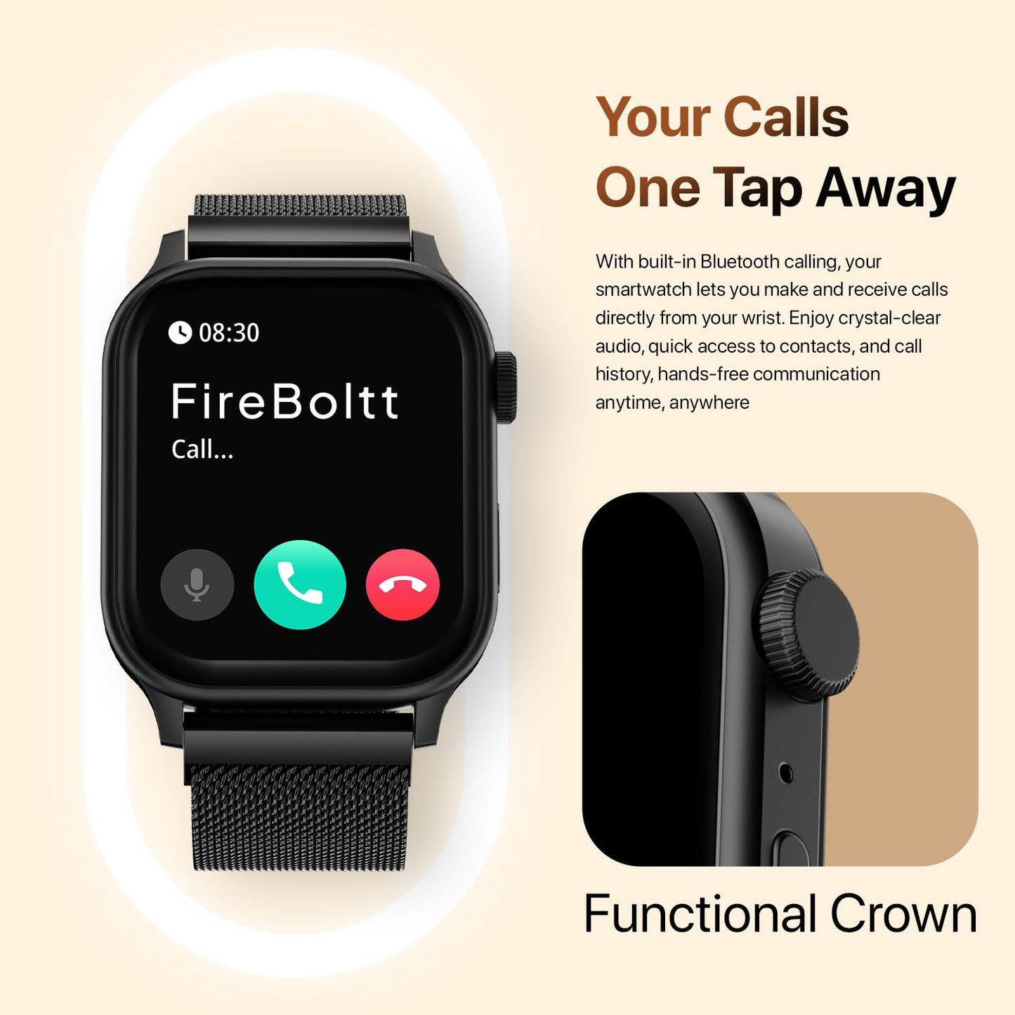Fire-Boltt Rise Smart Watch, 1.85" HD Display, Metal Body with Bluetooth Calling, Rotating Crown, AI Voice Assistant, 120 Sports Modes, Neon UI, SpO2 & Heart Rate Monitoring (Black Millanese)