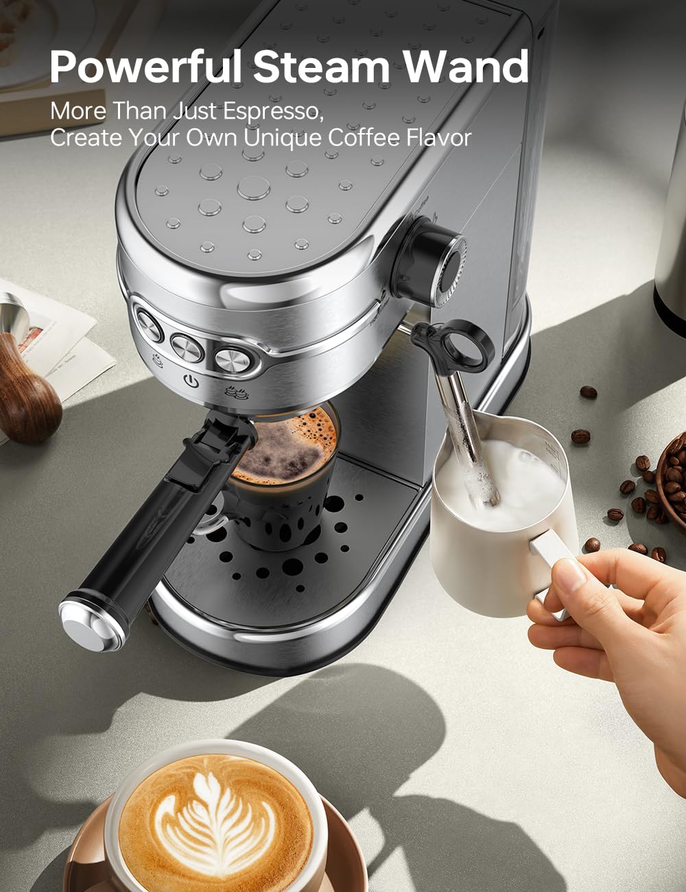 UN1QUE Espresso Machine, 20-Bar Coffee Maker Adjustable Pressure, 1450W Stainless Steel Coffee Machines with Milk Frother, Cappuccino & Latte Maker for Home and Office