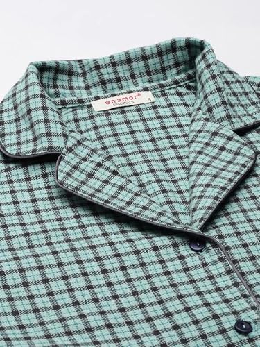 Enamor Essentials Relaxed Fit Cotton Flannel Woven Lazy Full Sleeve Shirt & Mid Rise Pant Set for Womens-EC20 (EC20_Soft Aqua Plaid AOP_S)