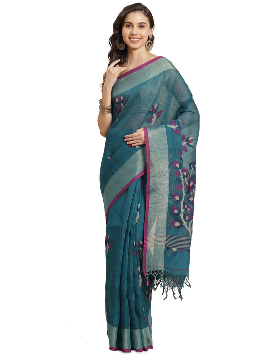 Aditri Women's Handloom Jamdani on Linen Silk Saree with Running Blouse (Multicolored)