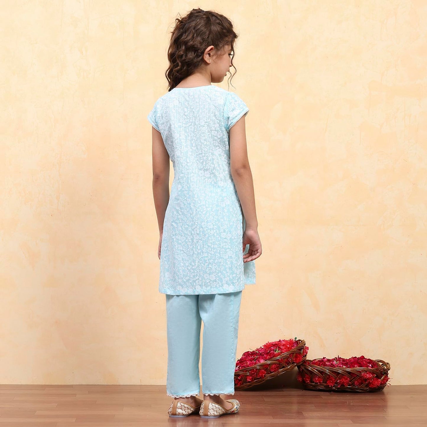 Biba Girl's Powder Blue Cotton Straight Printed Kurta Pants Set