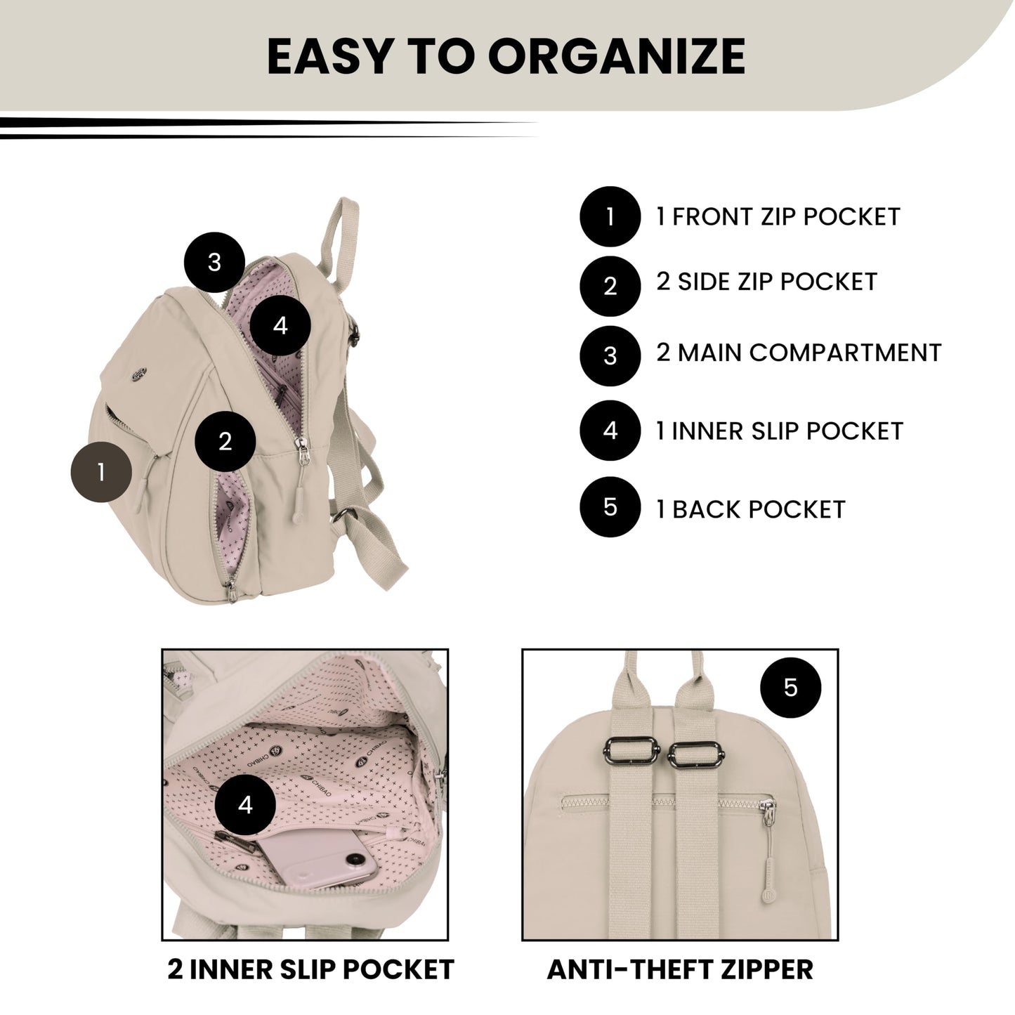 TS WITH TECHSUN Women Mini Backpack | Water-Resistant Compact Bag for Travel, Daily Use & Casual Outings | Fits Only Essentials (L) 26CM X (W) 15CM X (H) 32CM ((L) 26CM X (W) 15CM X (H) 32CM) BEIGE