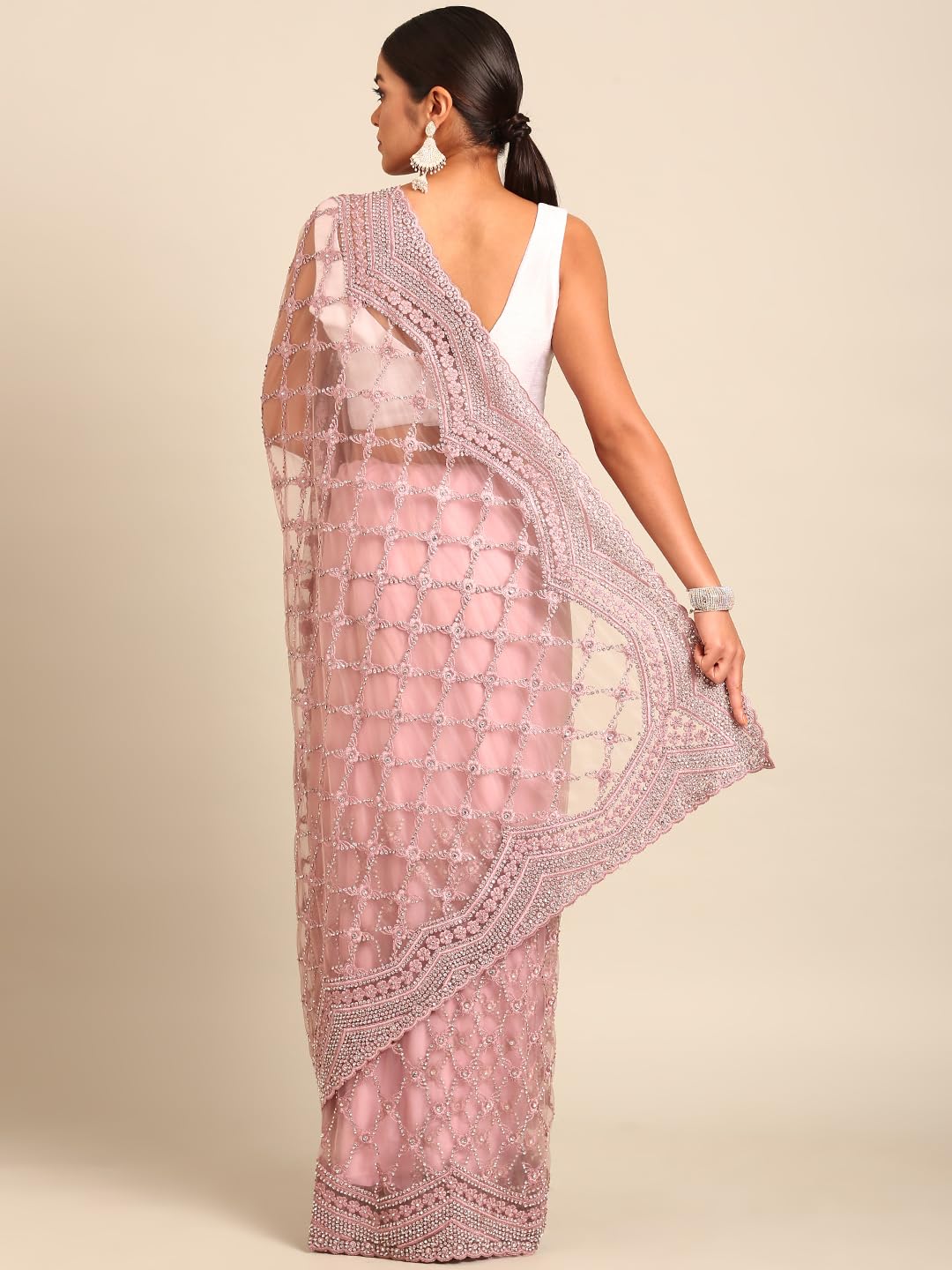 MOHEY Purple Net Embroidery|Stone Work Saree for Women