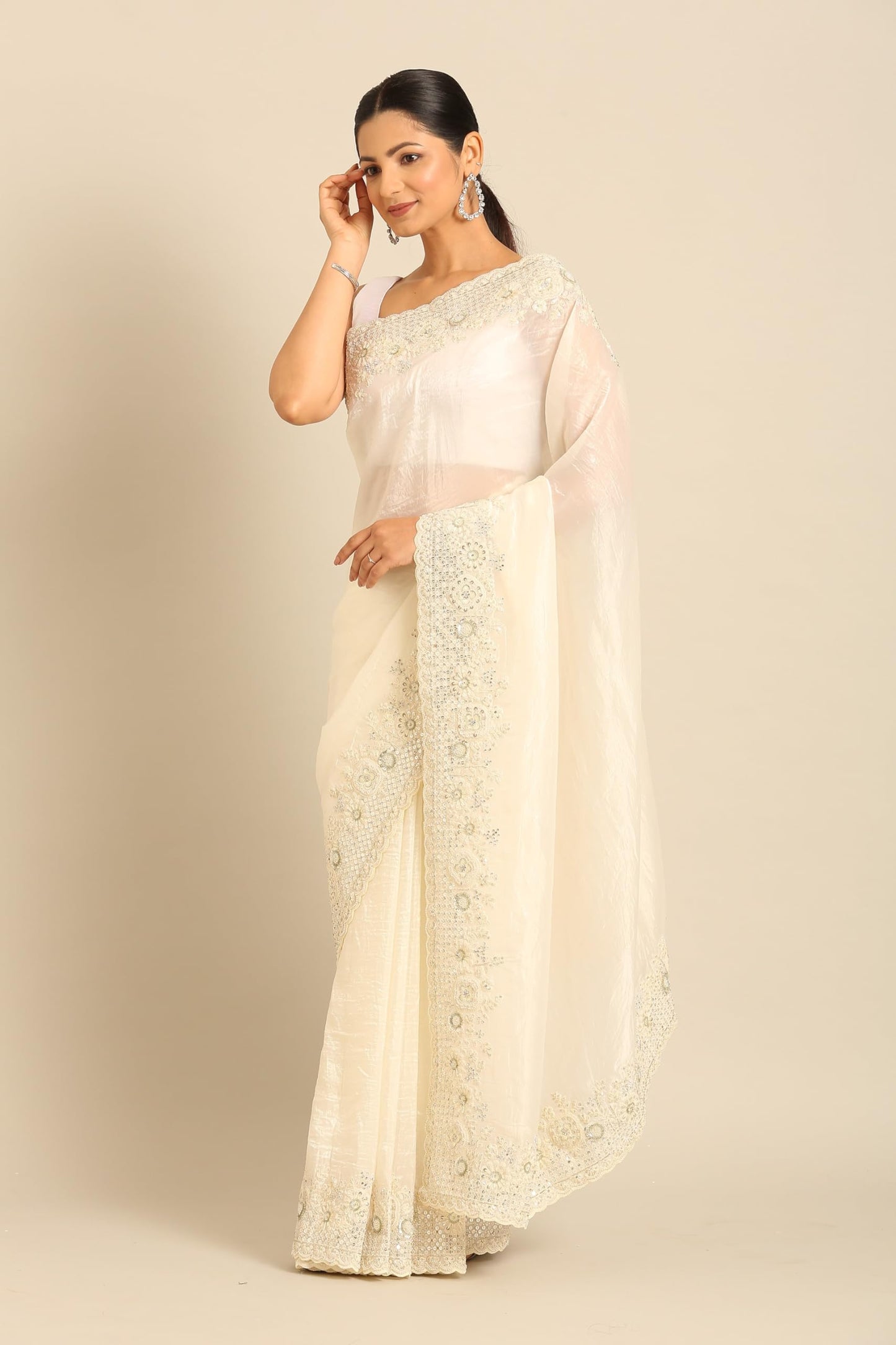 MOHEY Women's Cream Chiffon Hand Embroidered|Moti Work|Stone Work Saree