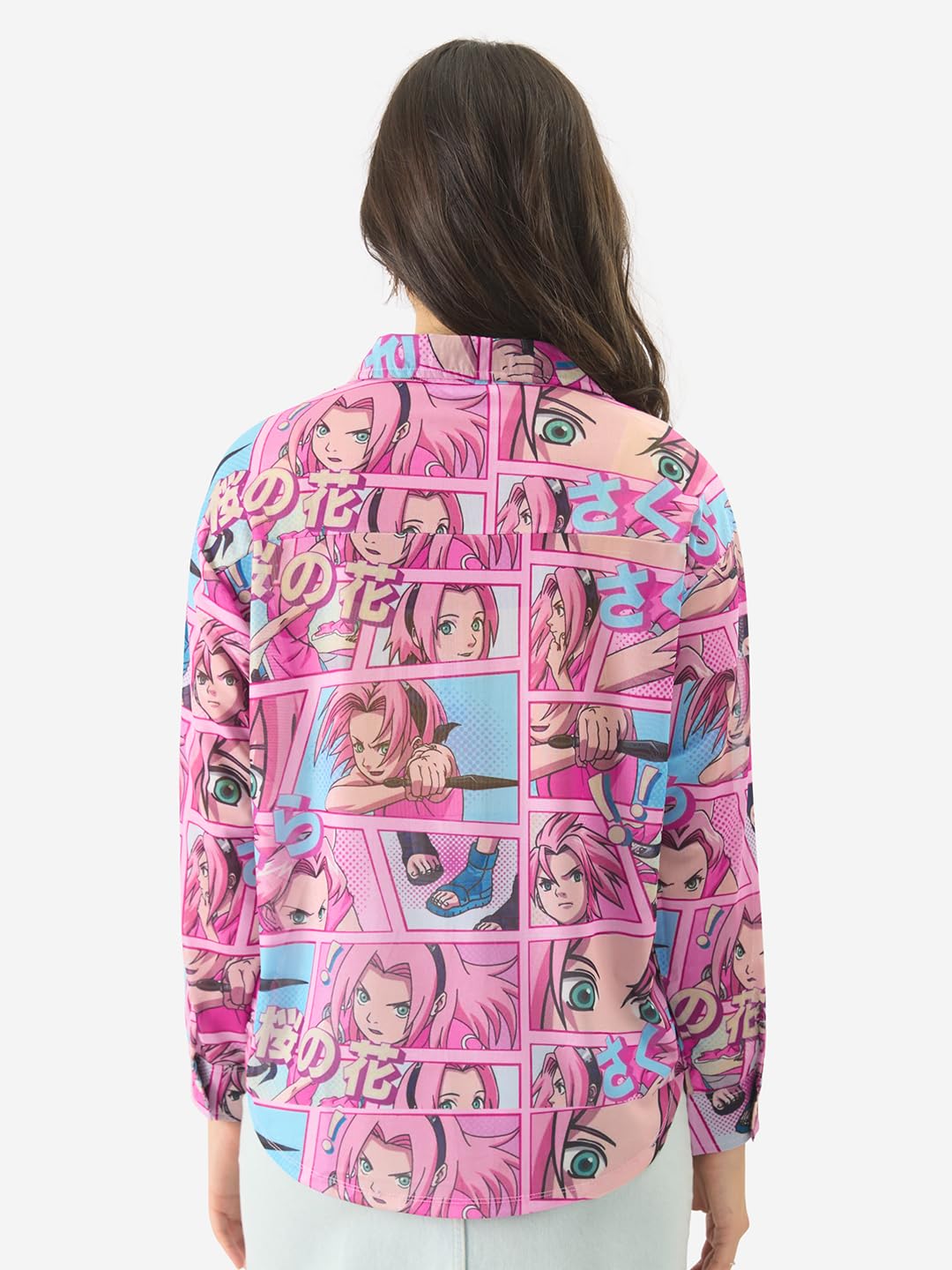 The Souled Store Mesh Shirt : Sakura Comic Panels Women and Girls Long Sleeve Collared Neck Button Down Pink Anime All Over Printed Rayon Boyfriend Shirts