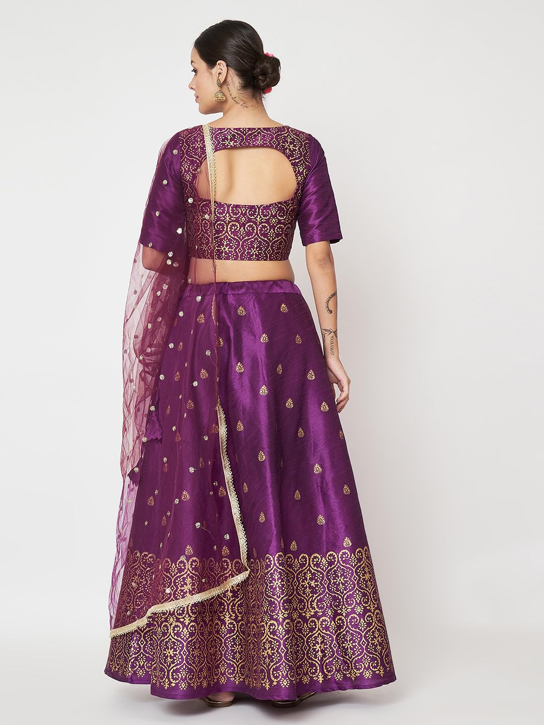 studio rasa Women's Dupion Hand Block Printed Bias Lehenga Set for Wedding Festive Party (LHSC52403XL_Purple_X-Large)