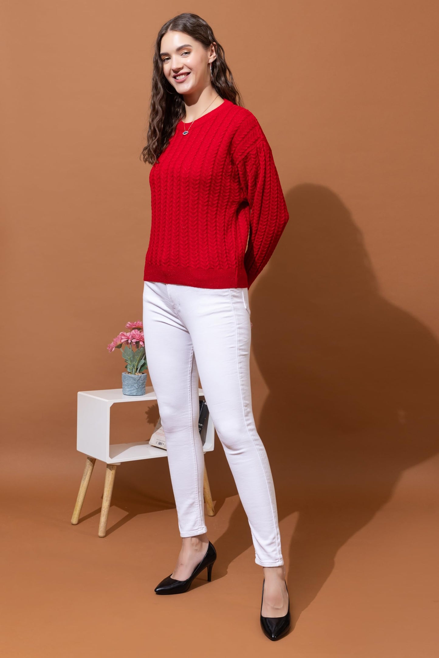 Style Dusk Women's Full Sleeves Round Neck Cable Design Pure Woolen Pullover Sweater for Winter Season (in, Alpha, 2XL, Red)