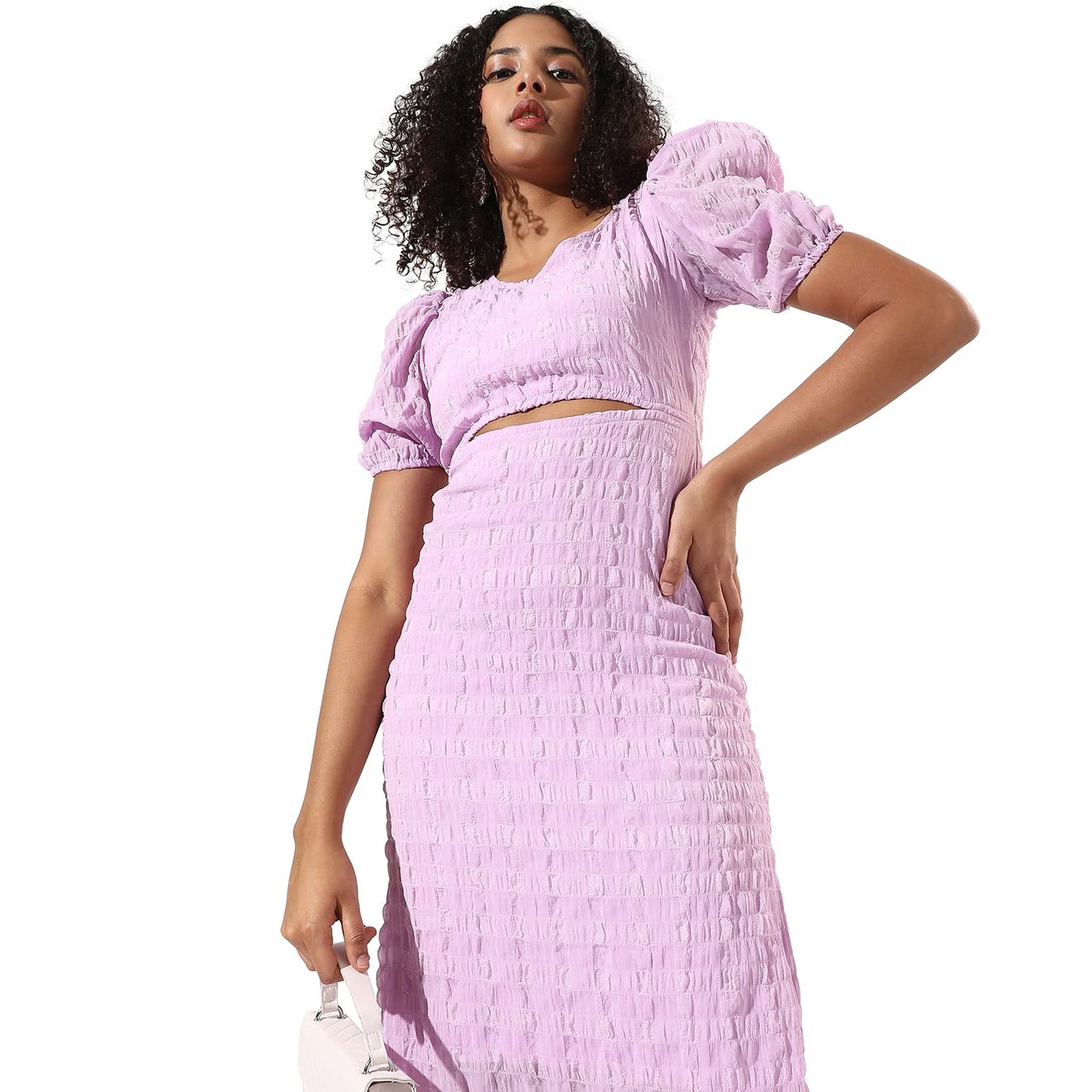 Campus Sutra Women's Solid Lavender Short Sleeve Midi Length Regular Fit Dress for Casual Wear | V Neck Dress Crafted with Comfort Fit and High Performance for Everyday Wear