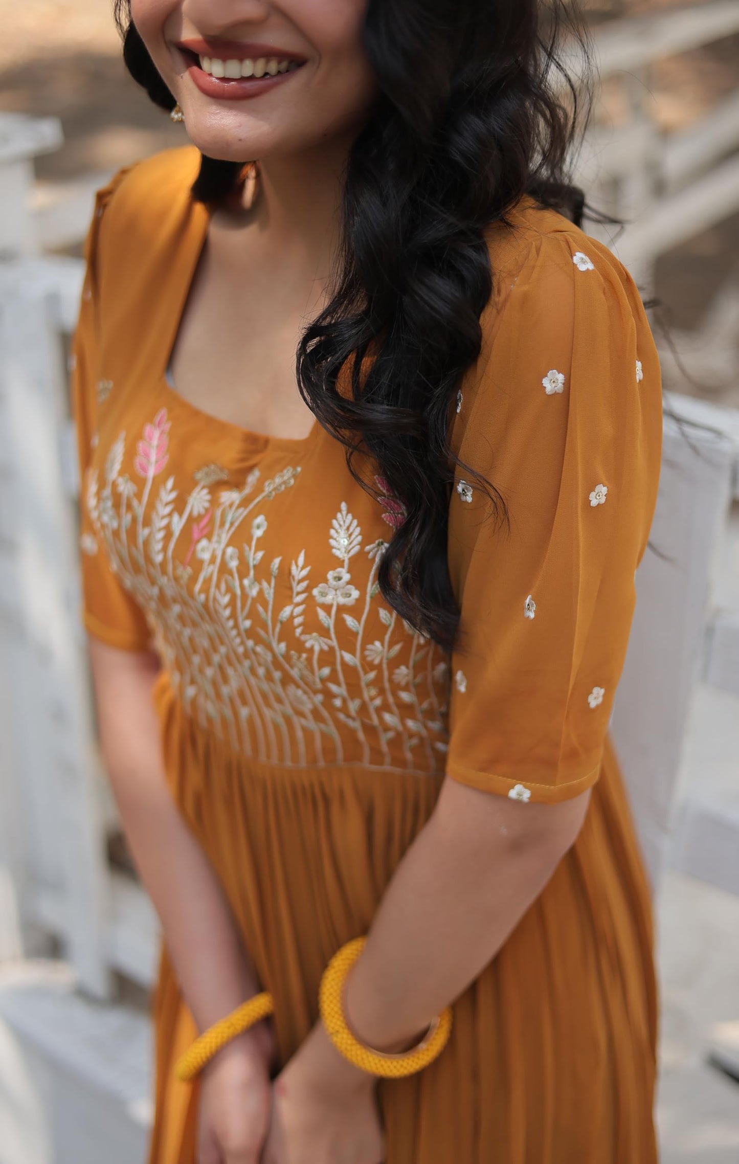 Fashion Basket Georgette Anarkali Gown with Sequins and Embroidery for Women with Long Sleeves (X-Large, Yellow)