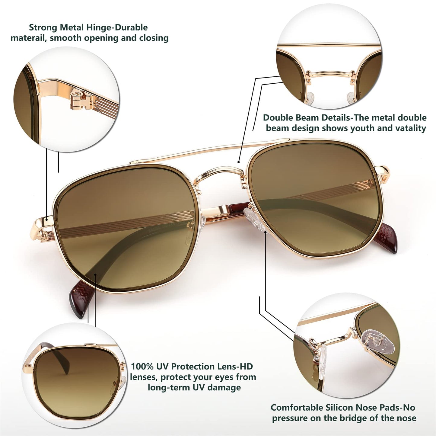 FEISEDY Women Men Square Aviator Sunglasses Gradient Lens Retro Small Metal Shades B2953 (55) (002 Golden Frame & Brown Gradient Lens)