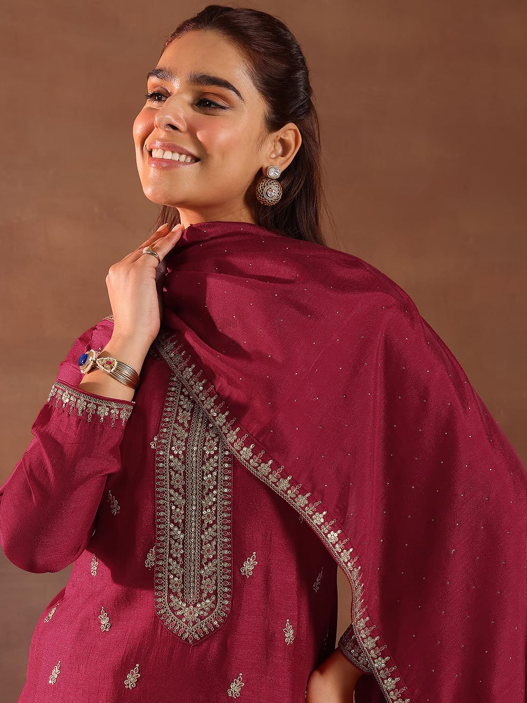 Libas Women's Silk Blend Kurta Sets (49504_Pink_M)