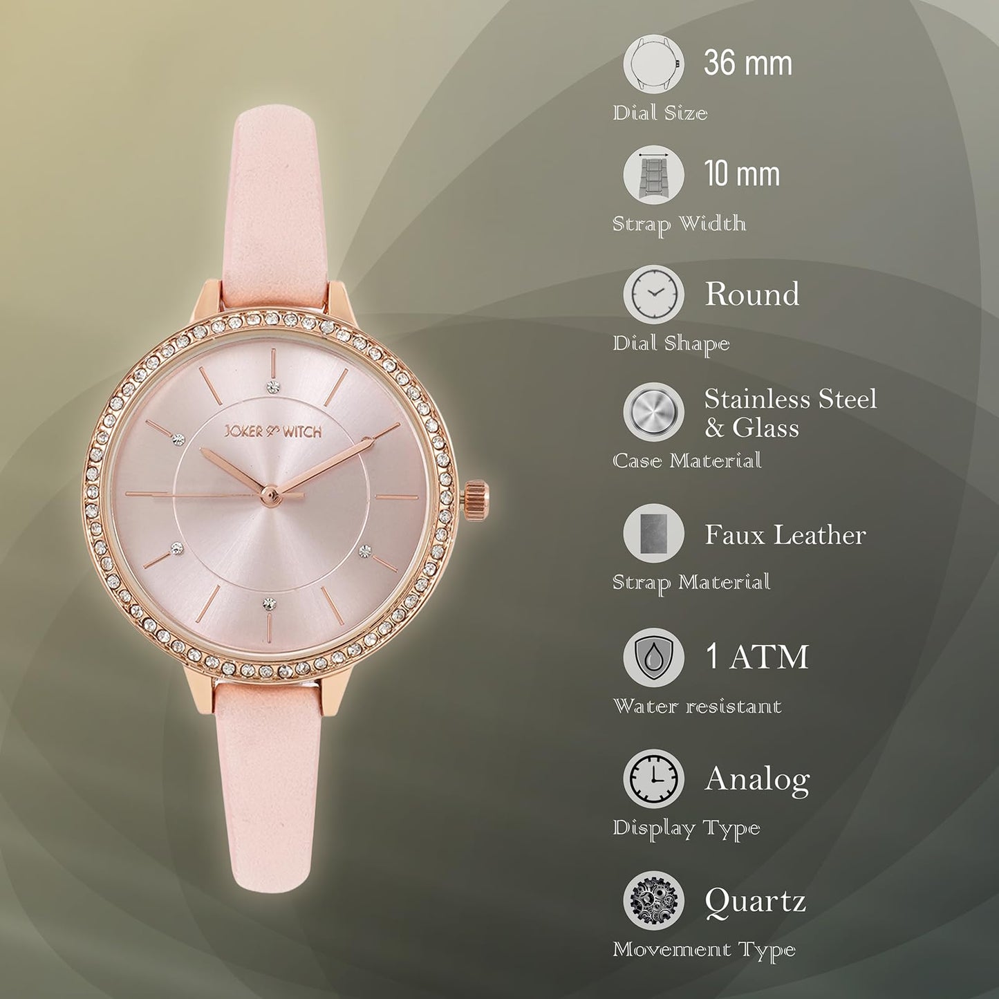 Joker & Witch Sunrise 36mm Pink Dial 10mm Pink Faux Leather Watch for Women