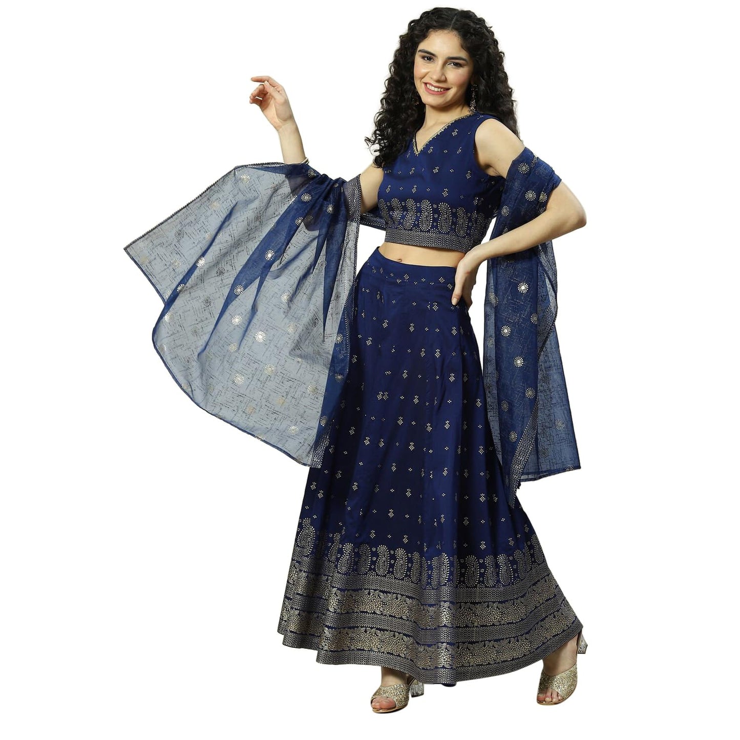 Rangriti Women Indigo Cotton Blend Woven Straight Lehenga Choli Set_36