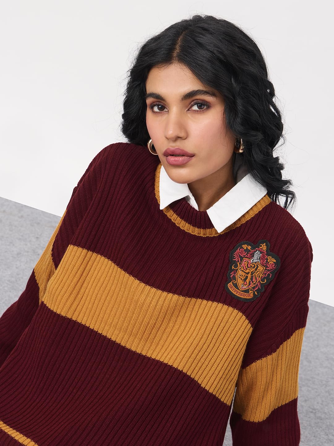 The Souled Store Harry Potter: The Bravehearts Women and Girls Long Sleeves Round Neck Brown Embroidered Acrylic Oversized Sweaters