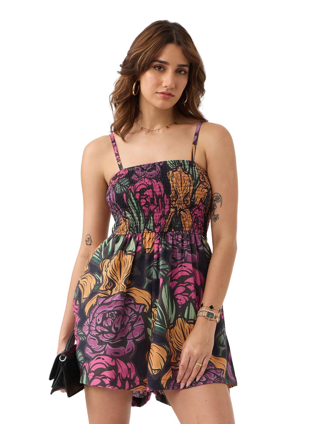 The Souled Store Blossom Women and Girls Square Neck Sleeveless Black Printed Regular Fit Viscose Blend Mini Playsuits