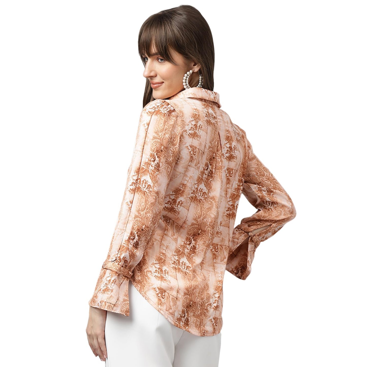 Latin Quarters Women Brown Full Sleeve Spread Collar Printed Shirt for Casual Wear_L