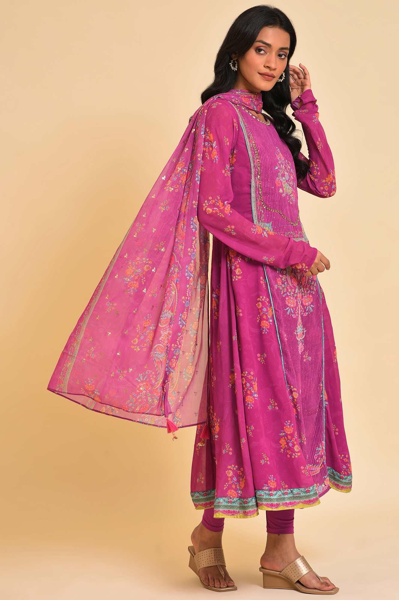 W for Woman Floral Calf Length Polyester Woven Women's Kurta Pant Dupatta Set (Dark_Pink, 3XL)