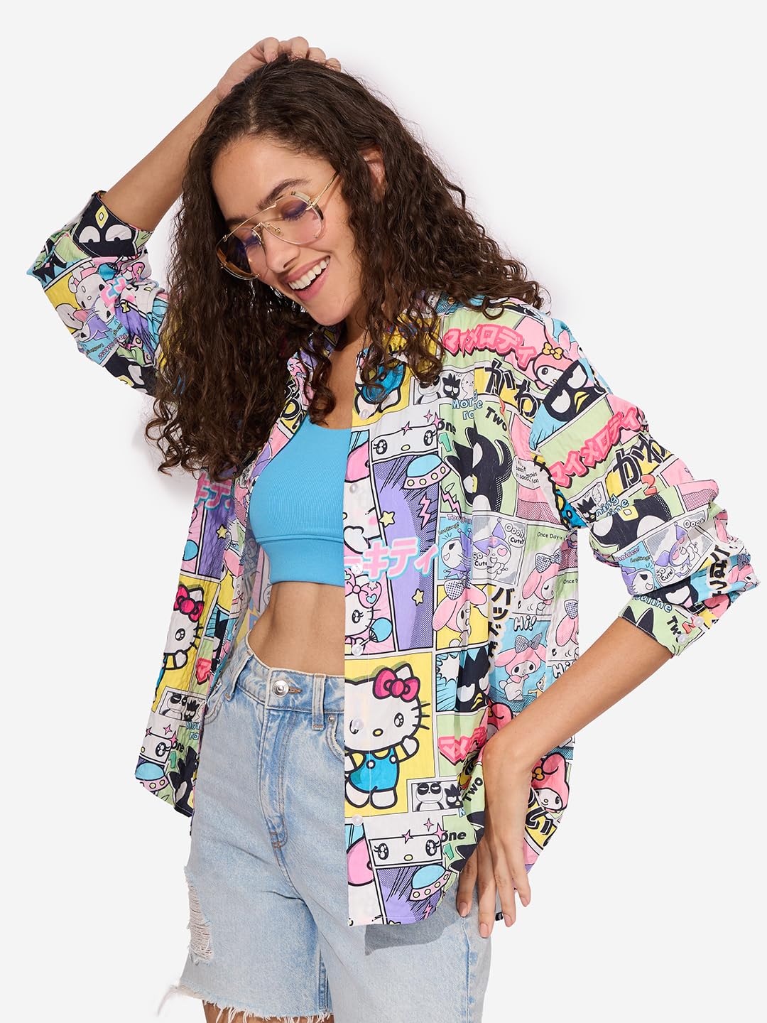 The Souled Store Official Hello Kitty: Kitty Power Women and Girls Long Sleeves Collared Neck Button Front Multicolor All Over Printed Polyester Boyfriend Shirts