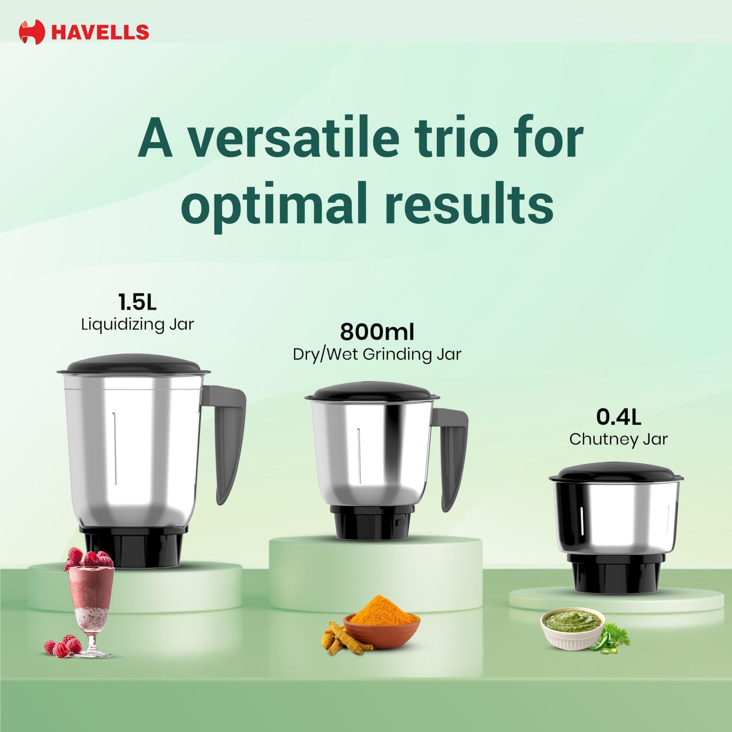 Havells Capture 500W Mixer Grinder 3 Stainless Steel Jars | 21000 RPM High-Speed Motor | Rust-Resistant 304 SS Blades | 1.5L Large Blending Jar | Overheat Protection | 1-Year Warranty (Black)