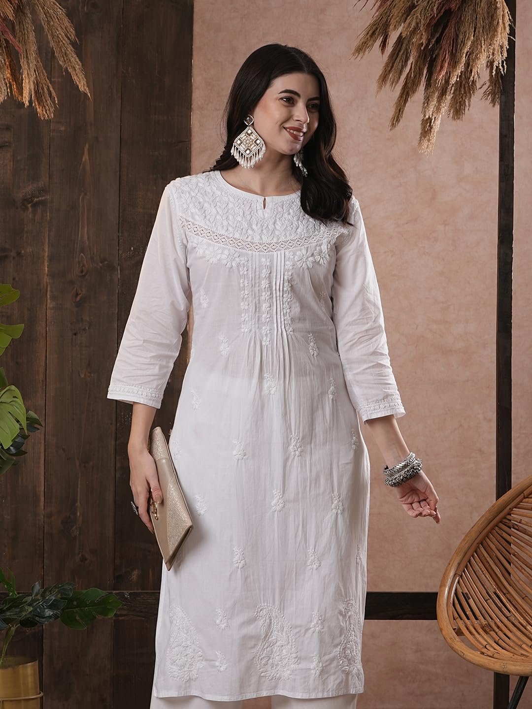 Ada Lucknow Chikankari Cotton Regular Fit Kurta for Women Hand Embroidered Tunic Kurti A332395 White (Large)