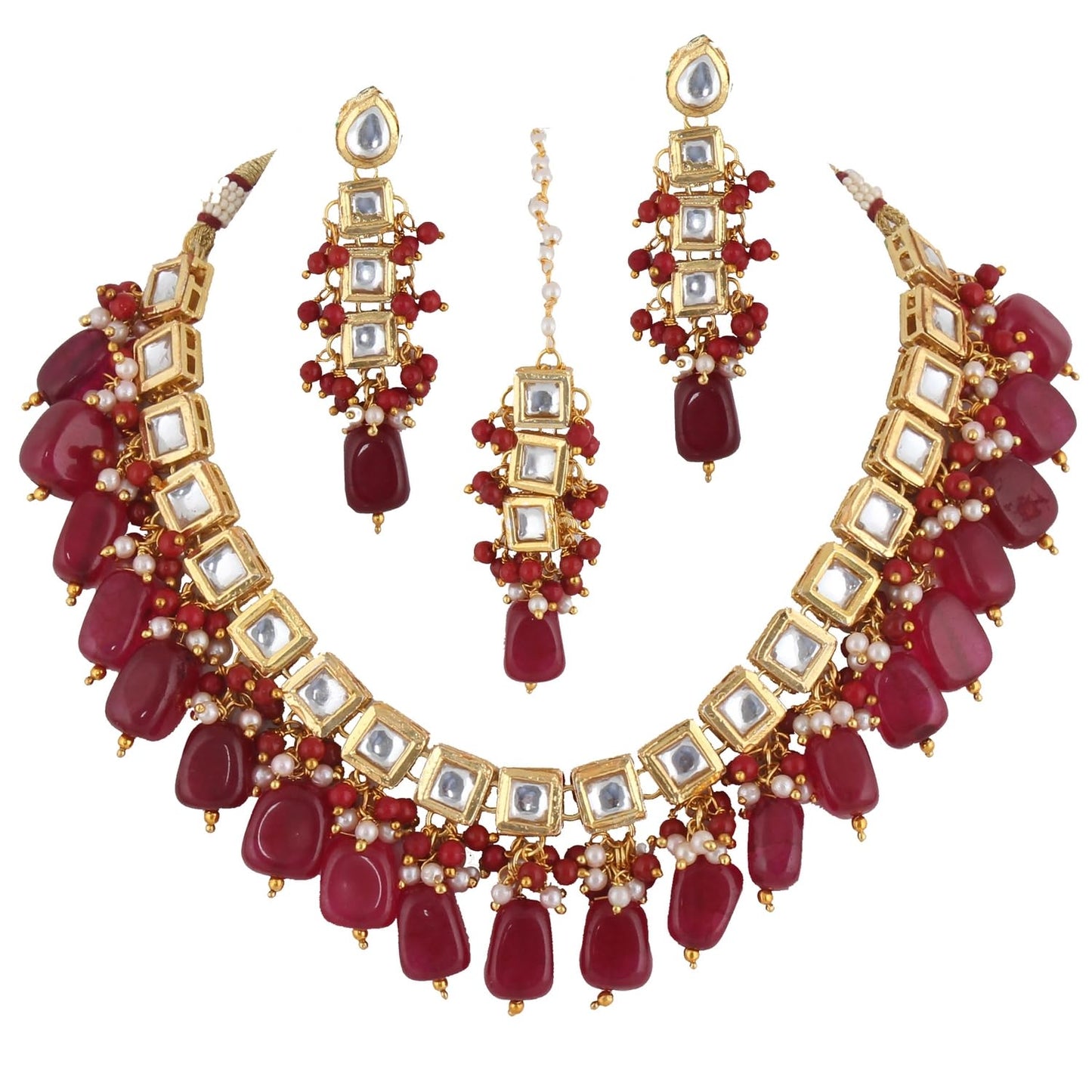 Lucky Jewellery Back Meenakari 18k Gold Plated Maroon Color Square Shape Tika Earring Combo Jewellery Set Uncut Kundan Big Faux Kundan Dibbi Kundan Choker Necklace Set for Girl's & Women