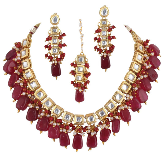 Lucky Jewellery Back Meenakari 18k Gold Plated Maroon Color Square Shape Tika Earring Combo Jewellery Set Uncut Kundan Big Faux Kundan Dibbi Kundan Choker Necklace Set for Girl's & Women