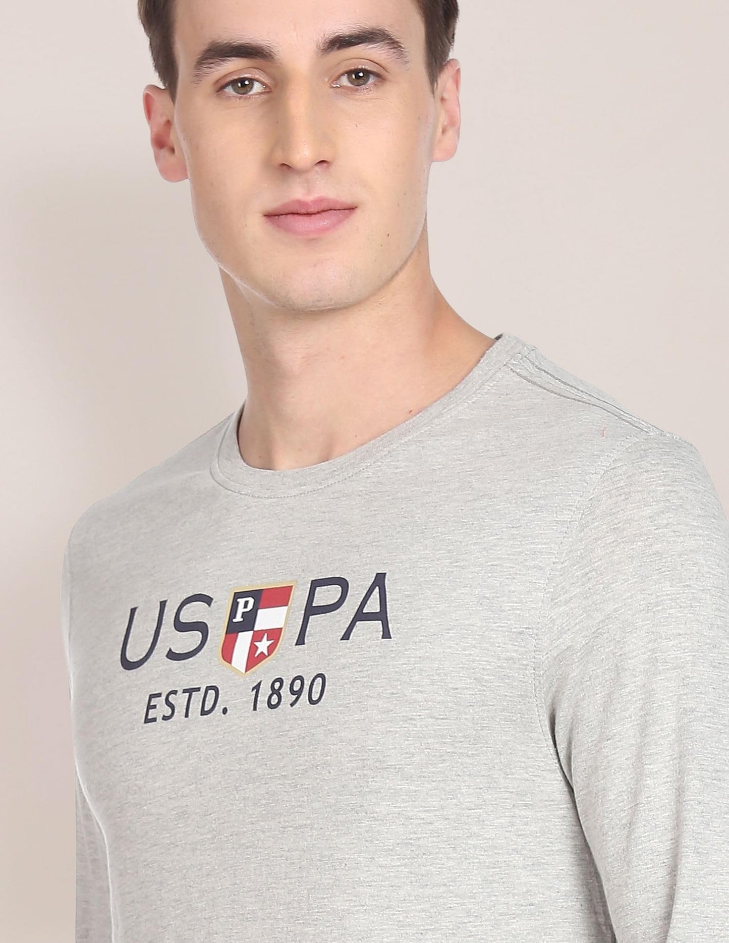 U.S. POLO ASSN. Men's Crew Neck Long Sleeve Brand Print Cotton T-Shirt (USTSHS1388_Grey_L)