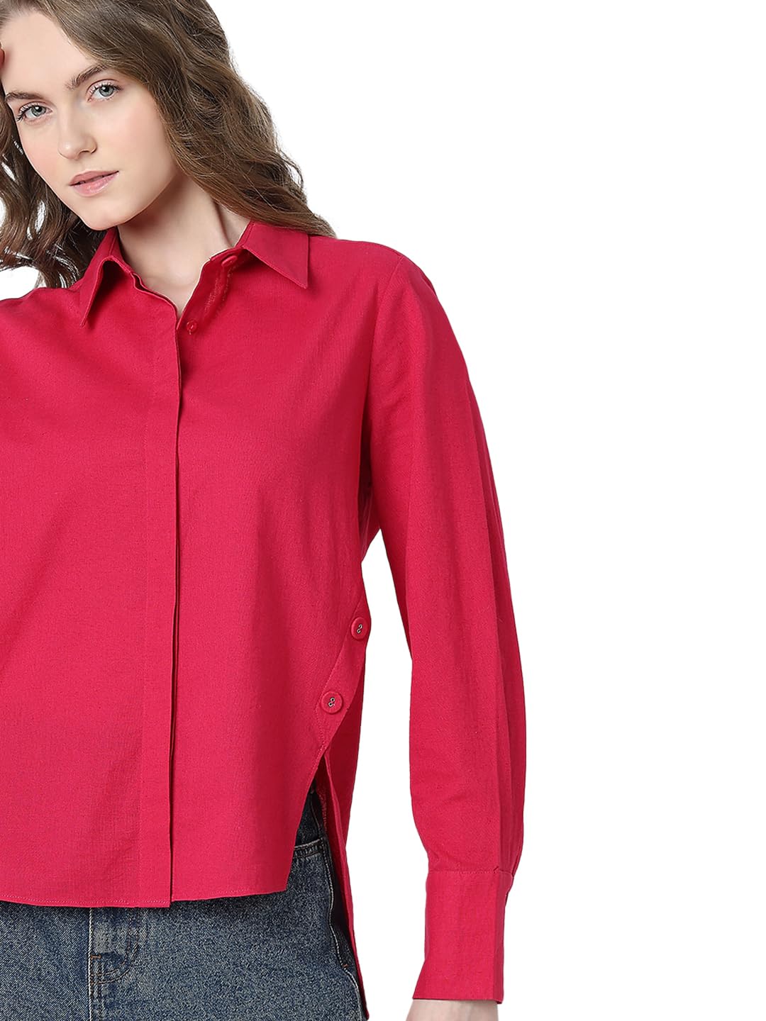 VERO MODA Women Solid Pink Cotton Regular Fit Shirt