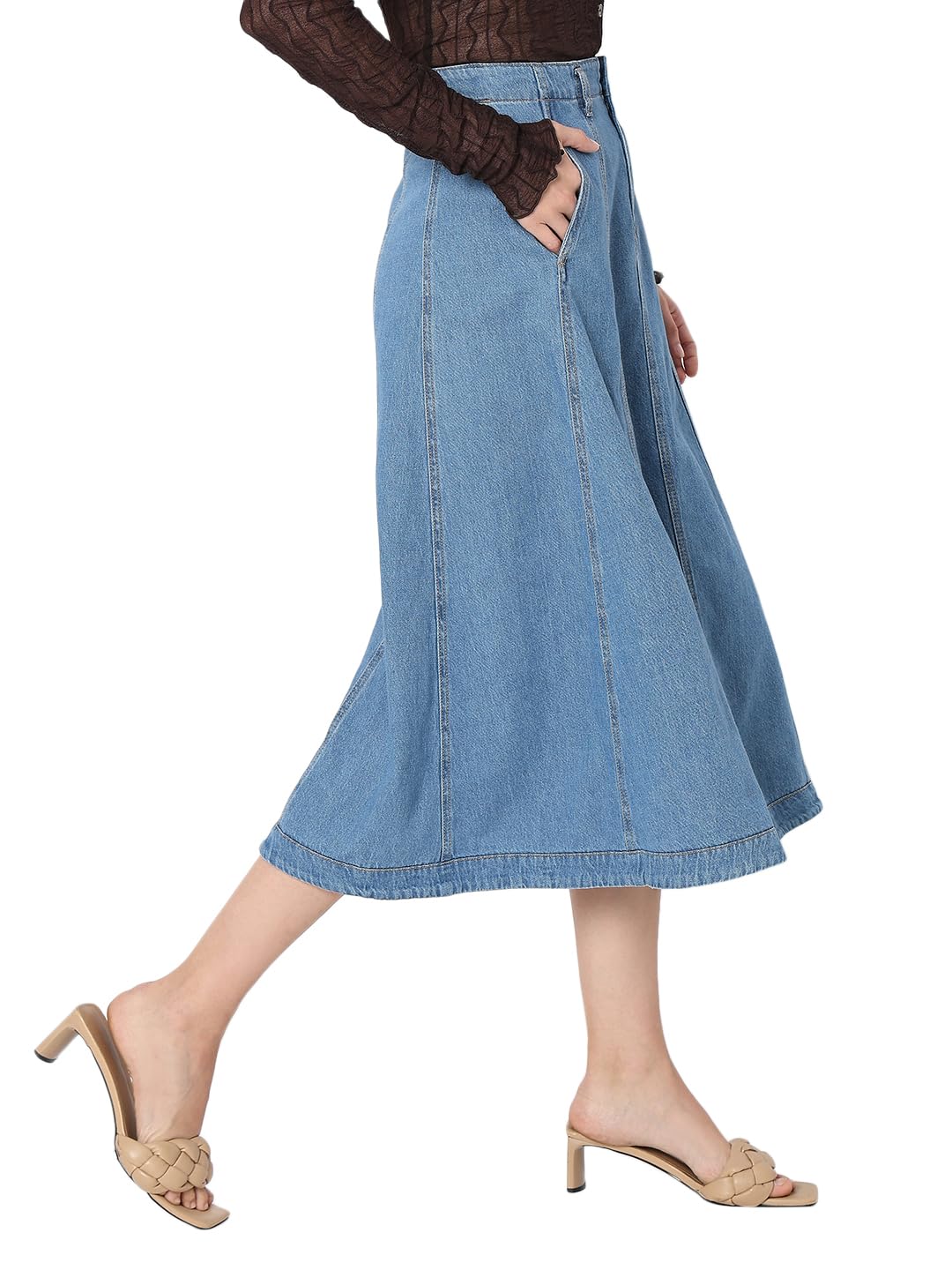 VERO MODA Women Solid Blue Cotton A-Line High Rise Midi Length Skirt