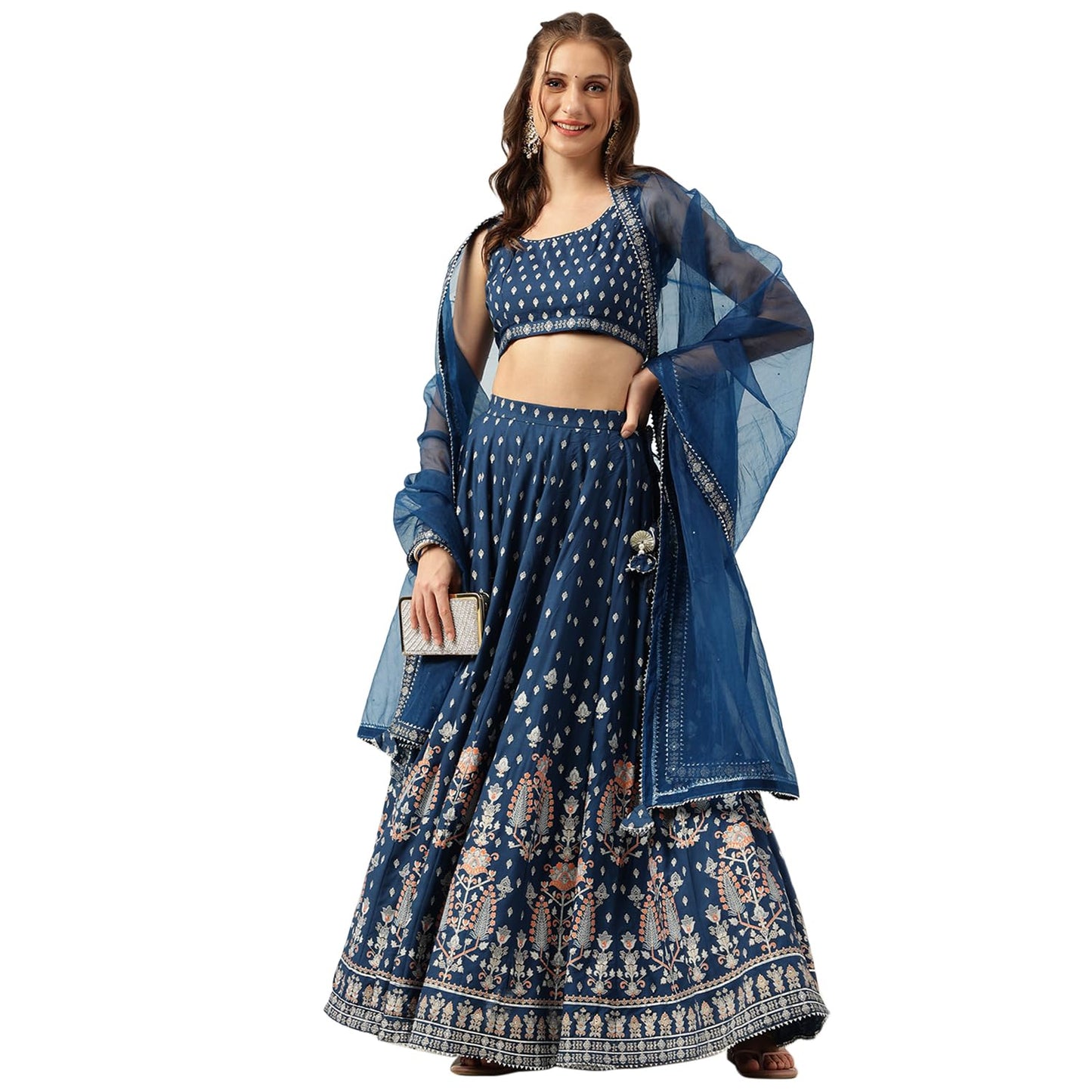 Divena Blue Rayon Flared Lehenga Choli Set with Organza Dupatta