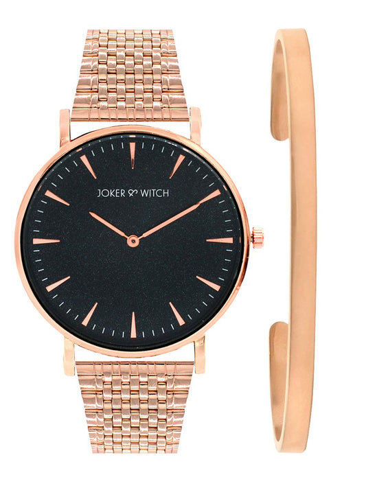 Joker & Witch Stainless Steel Amy Rosegold Analogue Watch Bracelet Stack for Women, Black Dial, Rose Gold Band