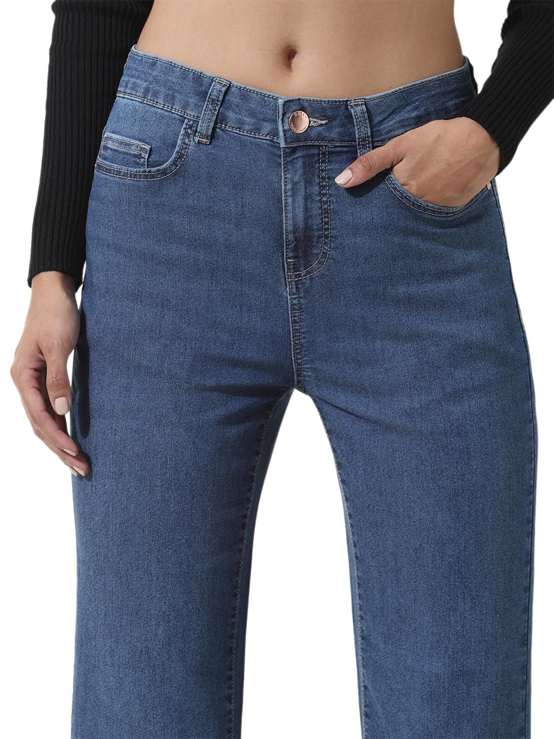ONLY Women Solid Blue Cotton Flared Mid Rise Jeans