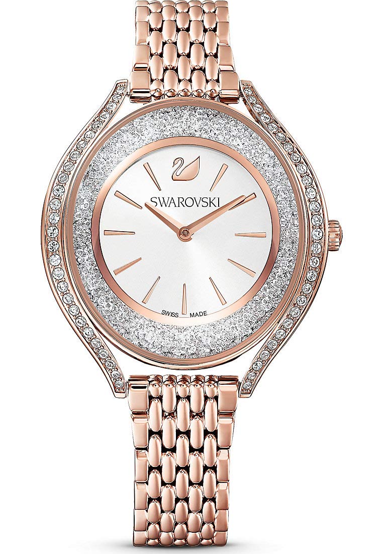 Swarovski Stainless Steel Women Crystalline Aura Analog Watch Rose Gold Tone Plated White One Size, Band_Brown