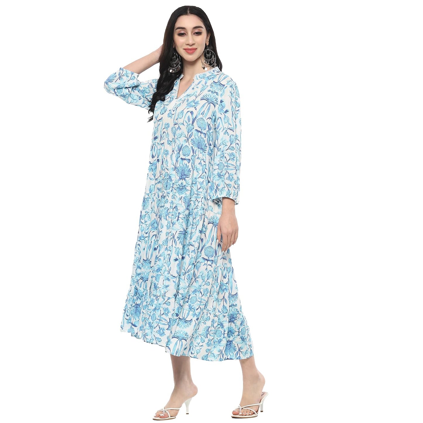 BIBA Women Printed Tired One Piece Dress, Ankle Length Dress Mix and Match(Summer Staples Collection2378_White_34)