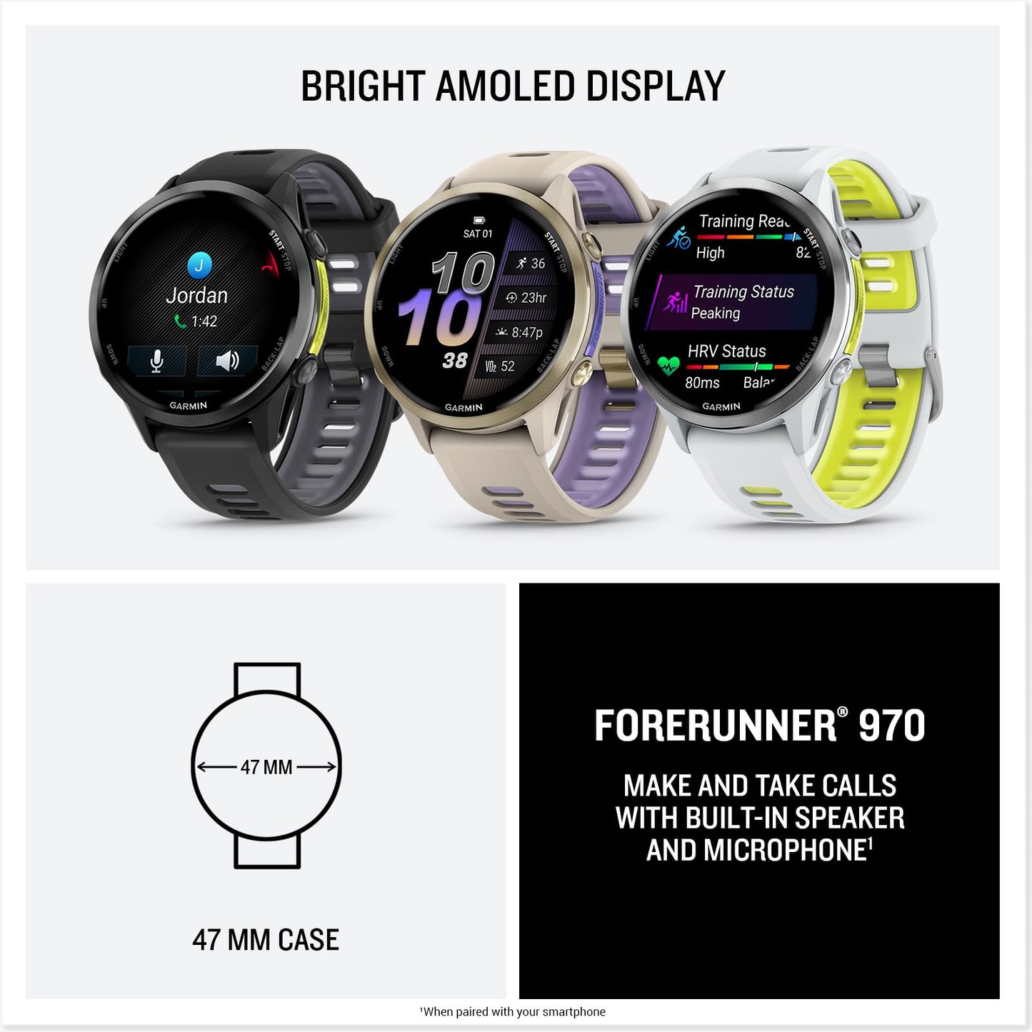 Garmin® Forerunner® 970, Premium GPS Running and Triathlon Smartwatch, AMOLED Display, Built-in LED Flashlight, Carbon Gray DLC Titanium with Black Case and Black/Translucent Whitestone Band