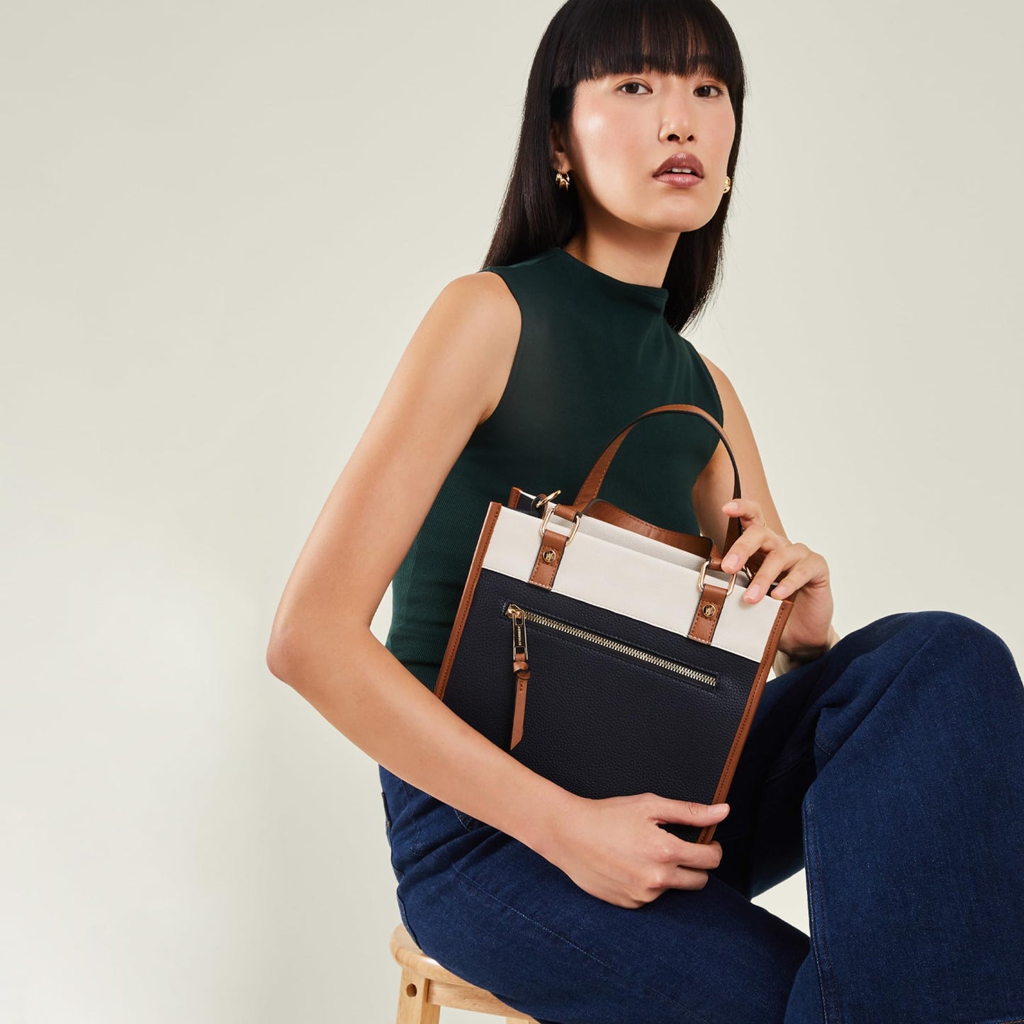 Accessorize London Women's Navy Blue Mini Colour Block Handheld Satchel Bag with Detachable and Adjustable strap | Satchel Bag for Work | Ladies purse | Stylish Shoulder Bag | Gift For Women