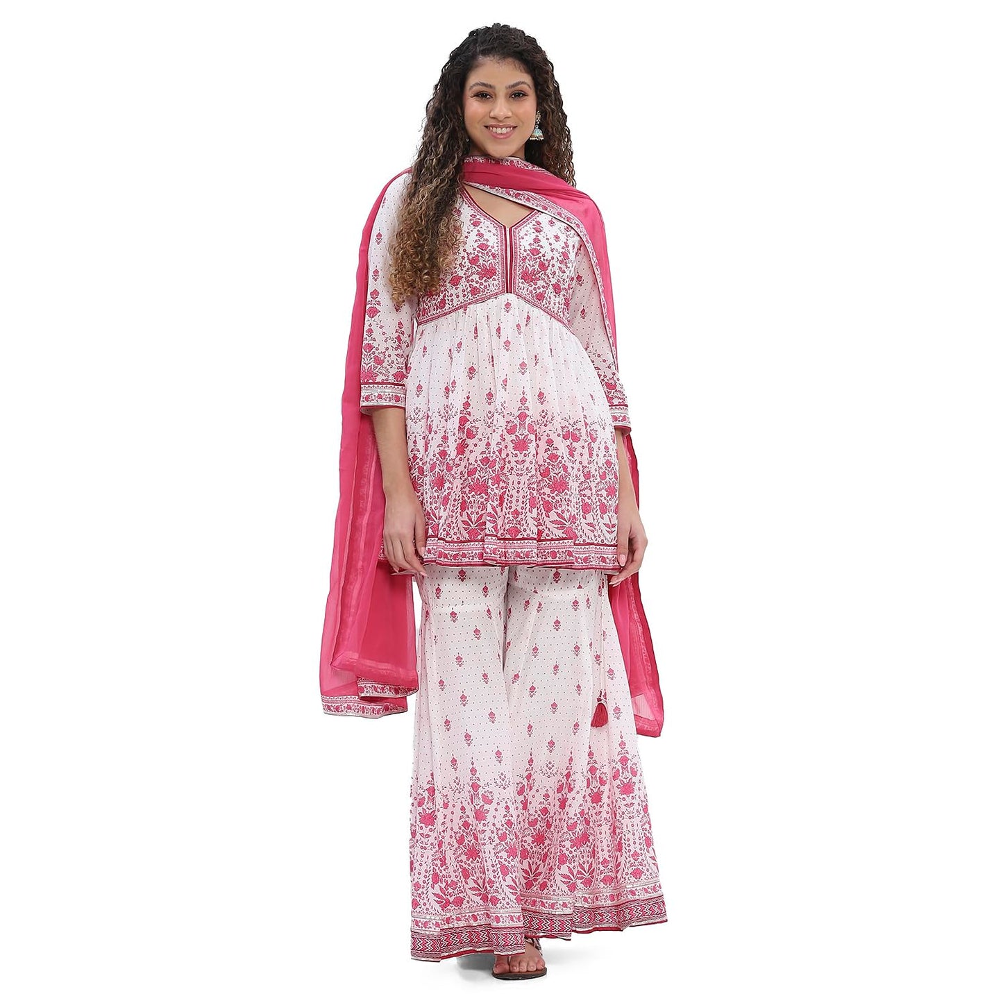 BIBA Women Cotton Floral Kurta Set (SKDCHHAP10619SS25OWHTPNK_Off-White-Pink, 2XL