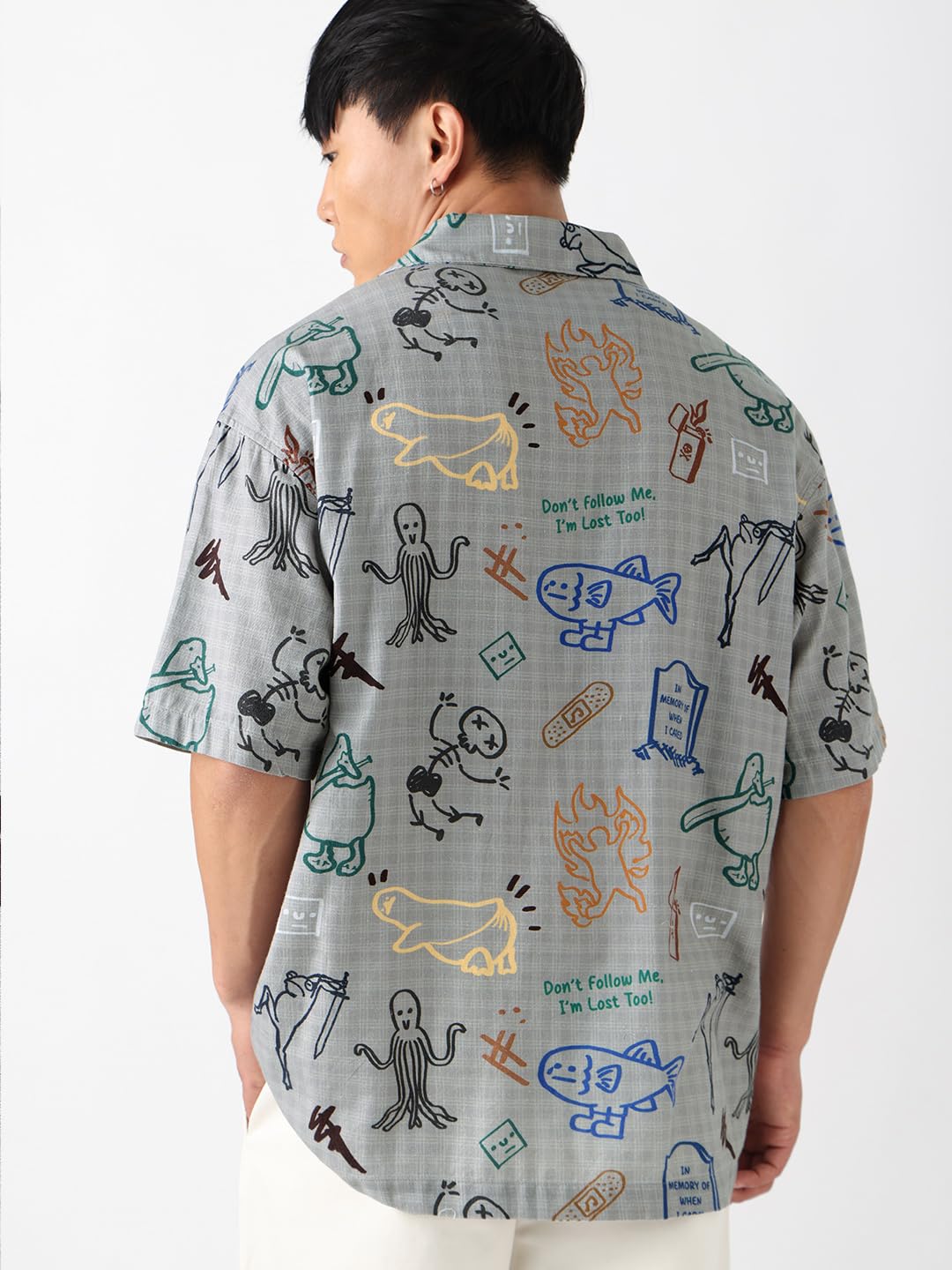 The Souled Store: Doodle Mayhem Men and Boys Short Sleeve Cuban Collar Button Front Grey Graphic Printed Cotton Oversized Shirt