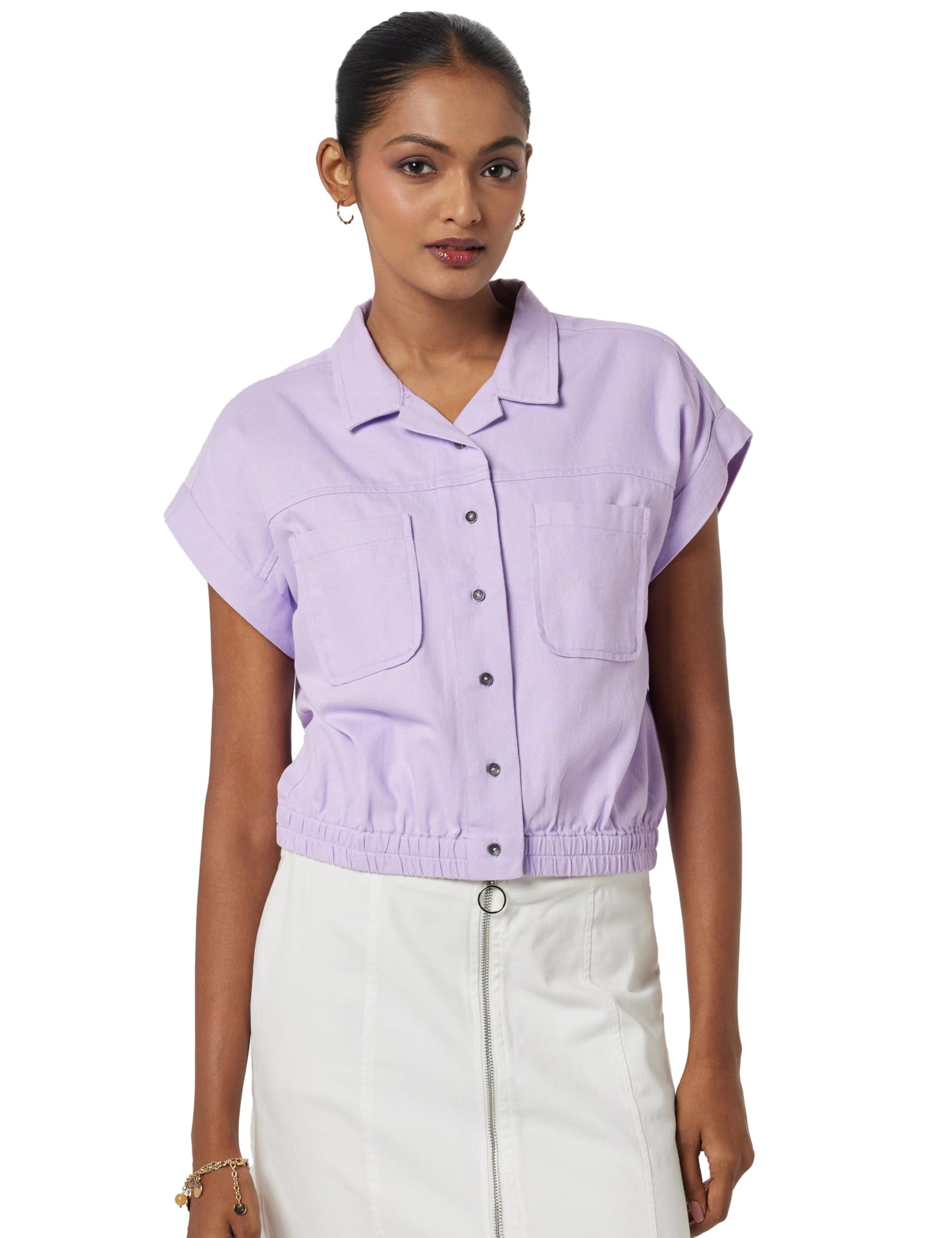 Pepe Jeans Solid Cotton Round Neck Women's Shirt (Purple, Small)