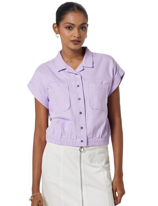 Pepe Jeans Solid Cotton Round Neck Women's Shirt (Purple, Small)