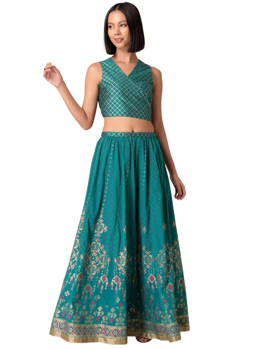 Indya Women's Poly Viscose Silk Lehenga Sets (ICO00579_Green_S)