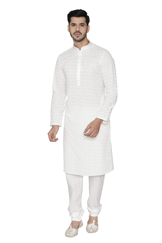 Manyavar Embroidered Knee Long Full Sleeves Kurta and Churidar Set For Men - (Cream, X-Large)